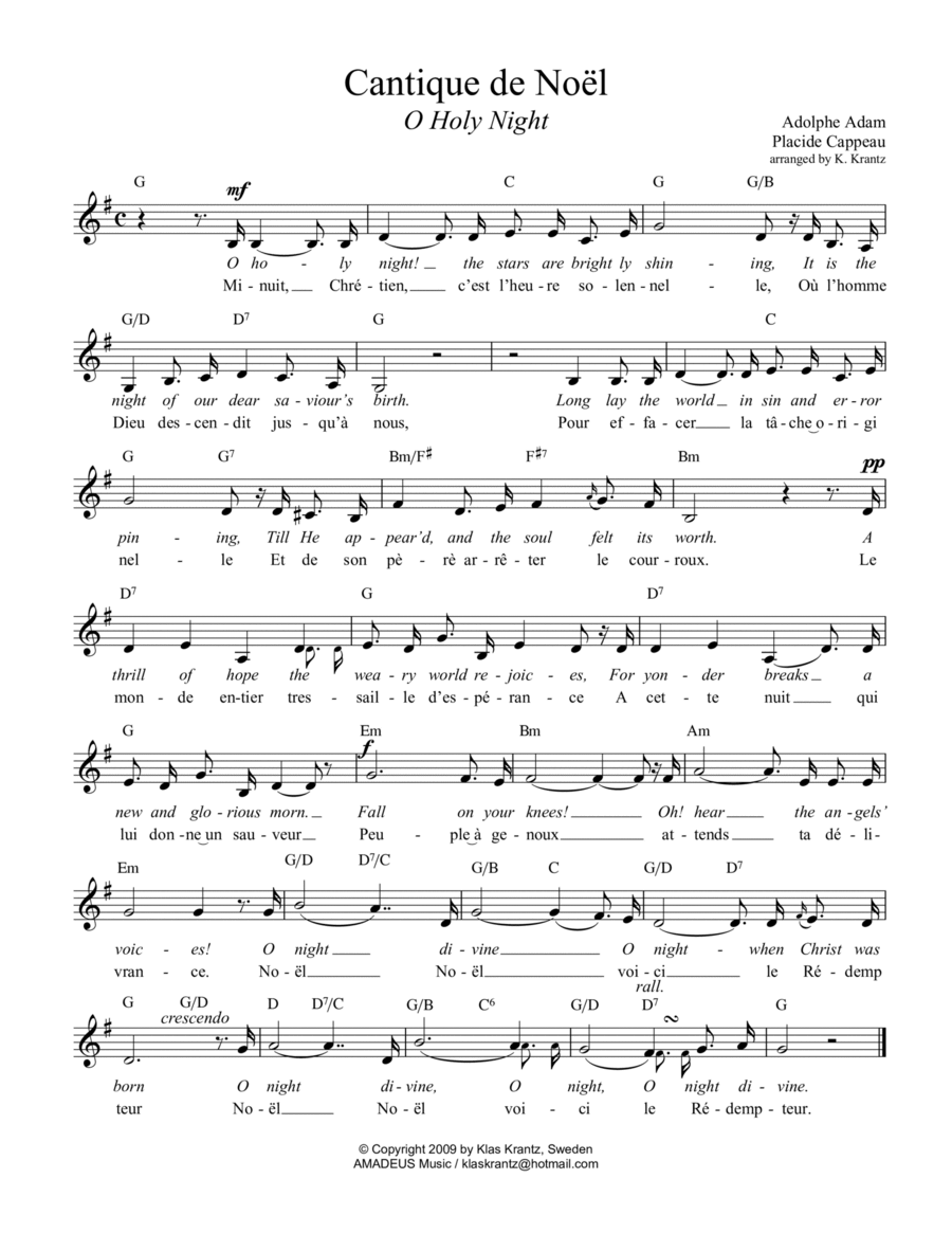 O Holy Night / Cantique de noel, lead sheet for voice with guitar chords (G Major) image number null