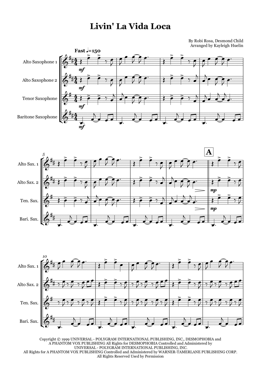 Livin' La Vida Loca Saxophone Quartet scores gallery preview page 1