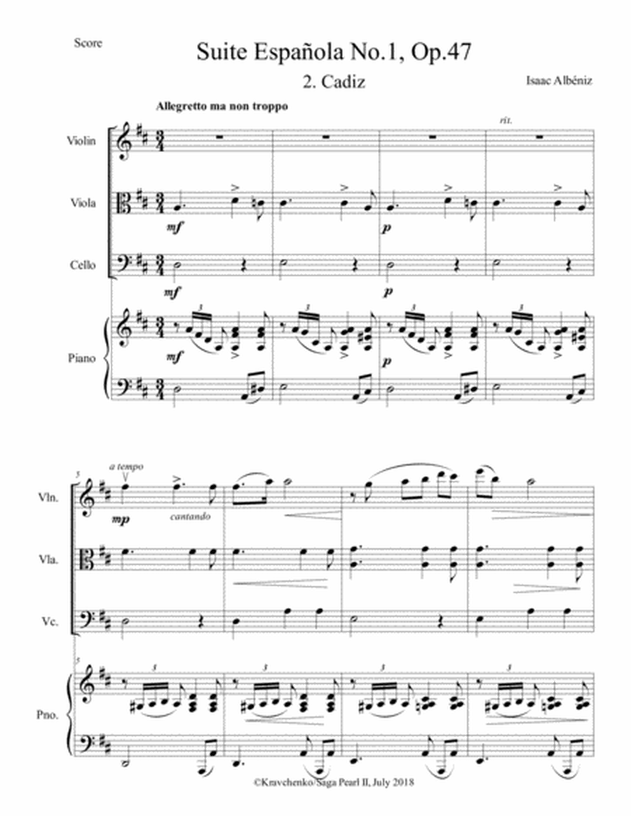 Isaac Albeniz - "Cadiz" arr. for piano quartet (score and parts)