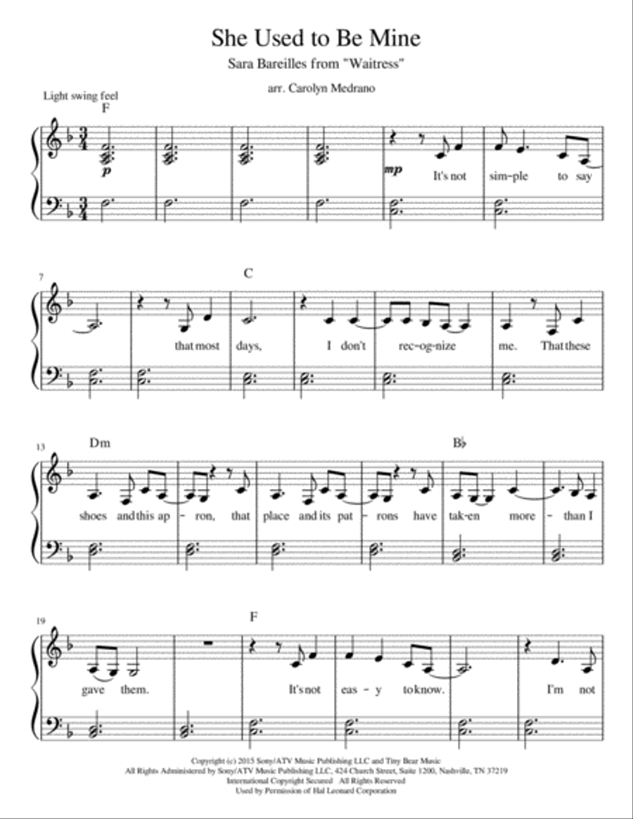 She Used To Be Mine from WAITRESS THE MUSICAL Voice scores gallery preview page 1