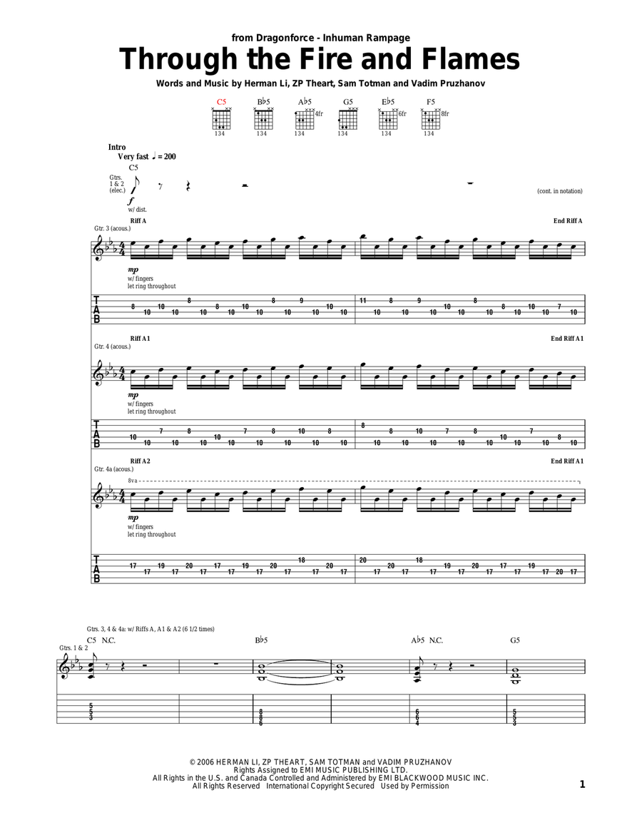 Through The Fire And Flames Acoustic Guitar scores gallery preview page 1