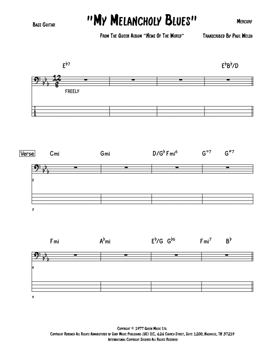 My Melancholy Blues Bass Guitar Tablature scores gallery preview page 1