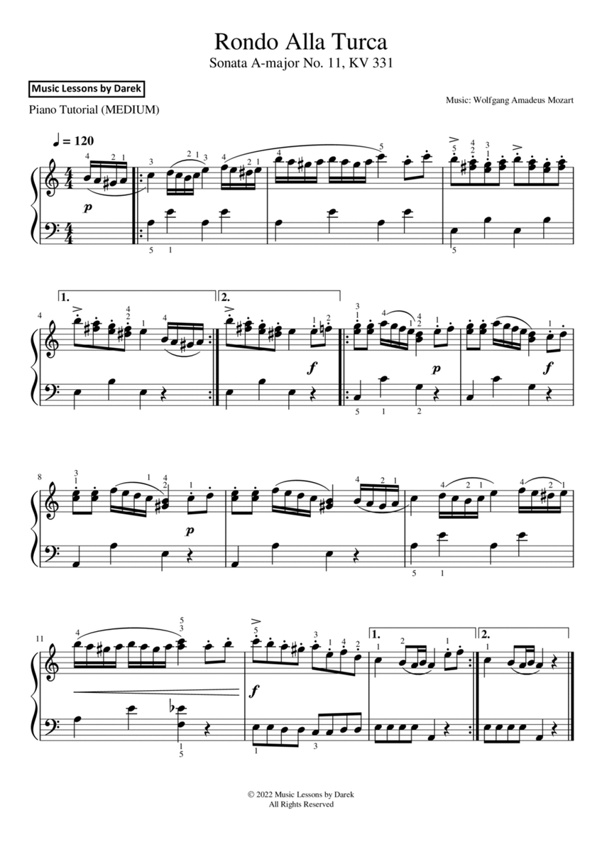 Rondo Alla Turca (MEDIUM PIANO) Sonata A-major No. 11, KV 331 [Wolfgang Amadeus Mozart] image number null