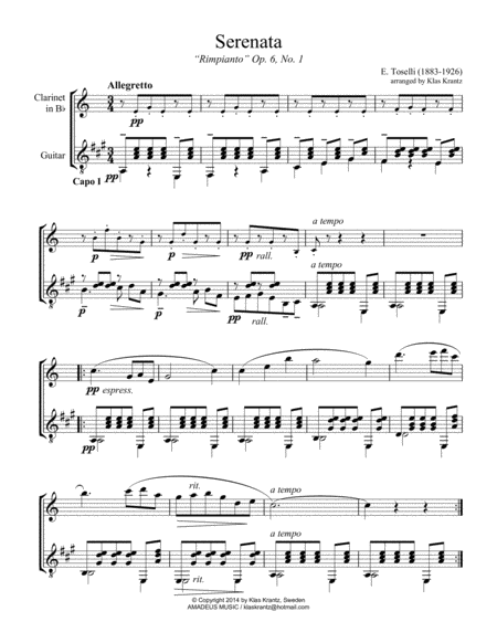 Serenata Rimpianto Op. 6 No. 1 for clarinet in Bb and easy guitar