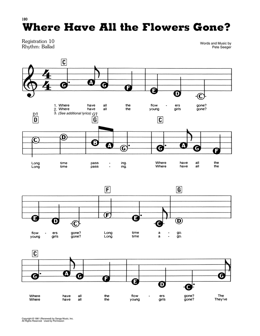 Where Have All The Flowers Gone? Electronic Keyboard scores gallery preview page 1