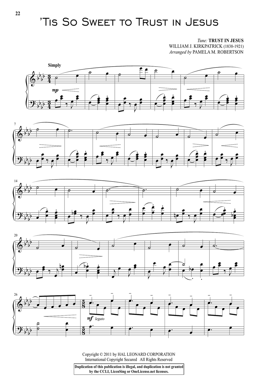 'Tis So Sweet To Trust In Jesus Piano Solo scores gallery preview page 1