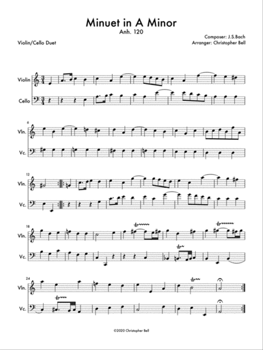 Minuet in A Minor, Anh 120 (Violin/Cello Duet) String Duet scores gallery preview page 1