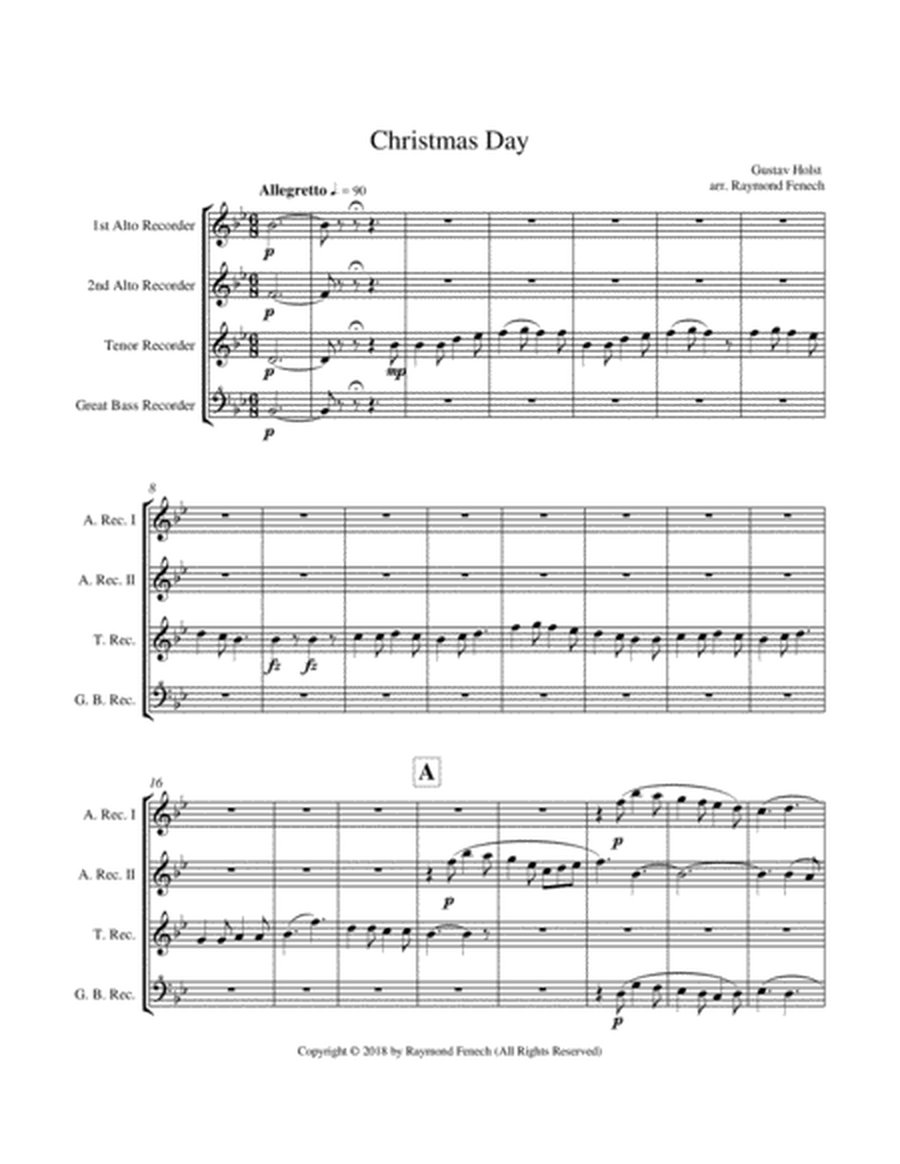 Christmas Day-Gustav Holst-RECORDER CHOIR QUARTET (2 Alto Recorders; Tenor Recorder; Great Bass Reco image number null