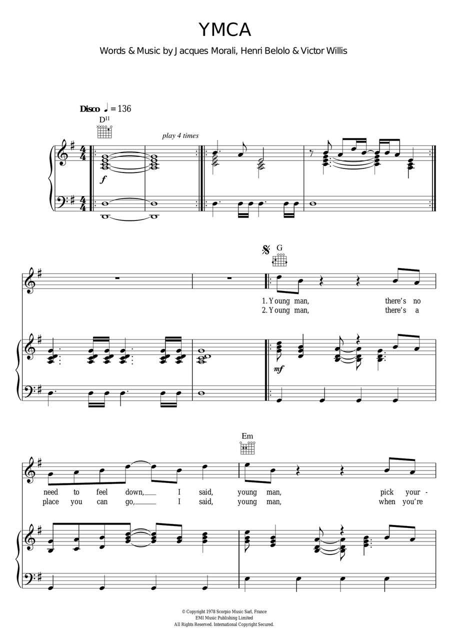 Y.M.C.A. Piano, Vocal scores gallery preview page 1