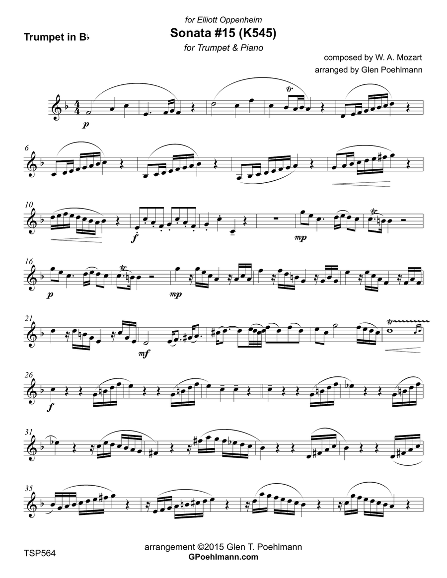 SONATA (K545) arranged for TRUMPET SOLO with Piano Accompaniment Trumpet Solo scores gallery preview page 6