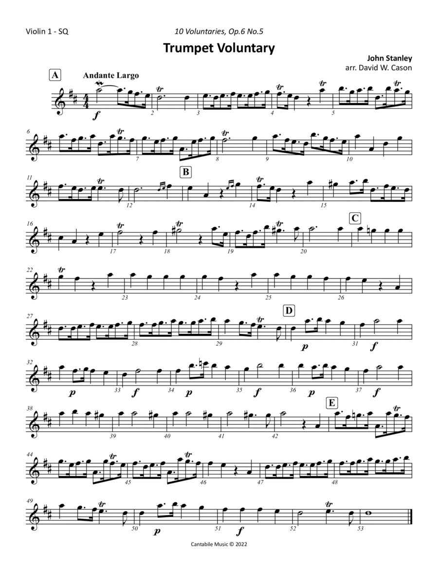 Trumpet Voluntary (Andante Largo) from 10 Voluntaries Op.6 No.5 (Stanley) STRING QUARTET String Quartet scores gallery preview page 1