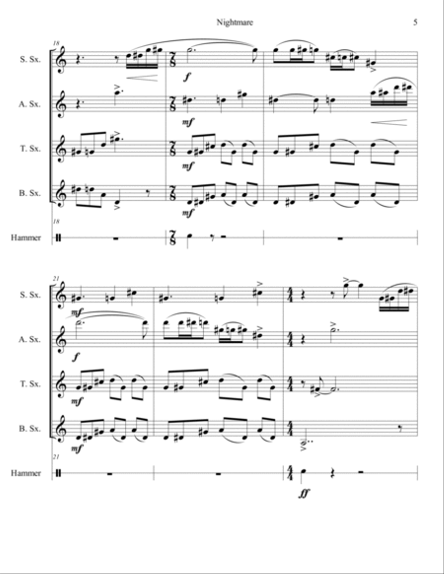 Nightmare for Saxophone Quartet and Percussion Woodwind Quartet scores gallery preview page 5