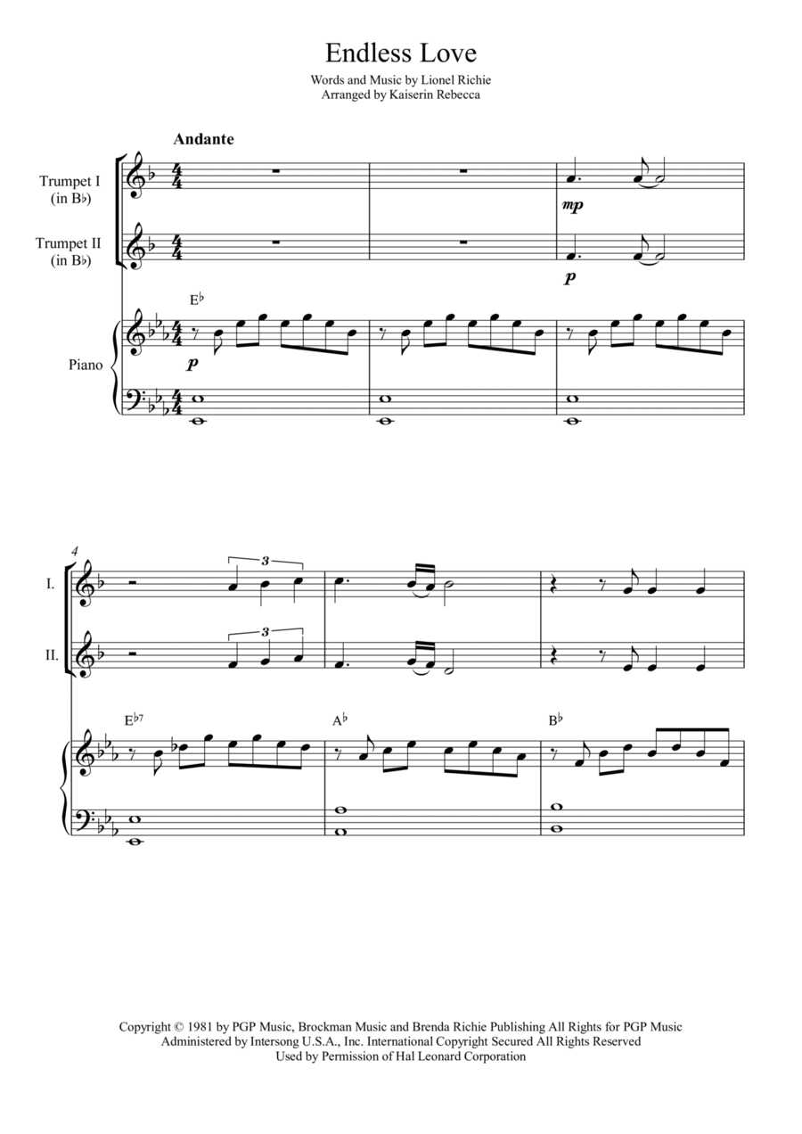 Endless Love Trumpet Duet scores gallery preview page 1