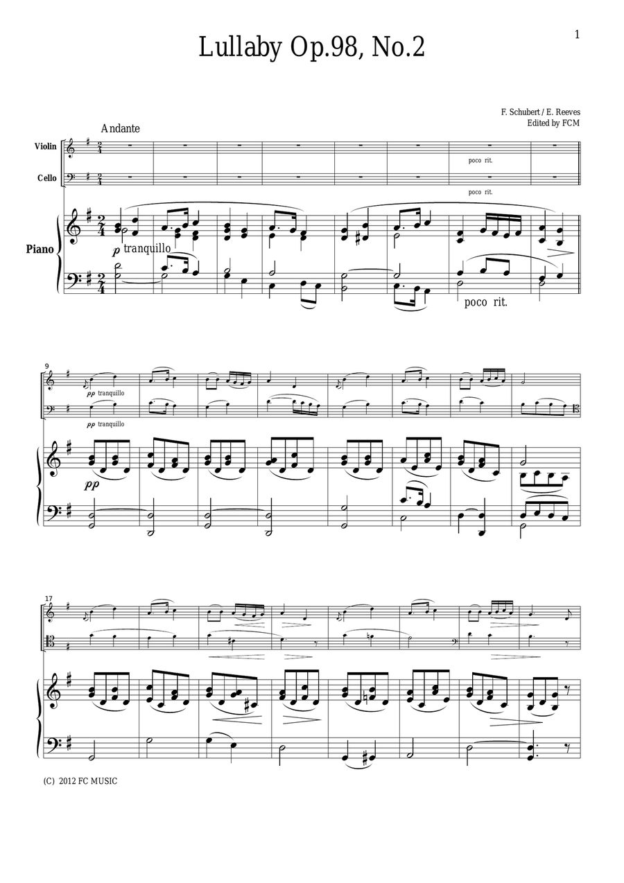 Schubert Lullaby Op.98, No.2, for piano trio, PS102 Piano Trio scores gallery preview page 1