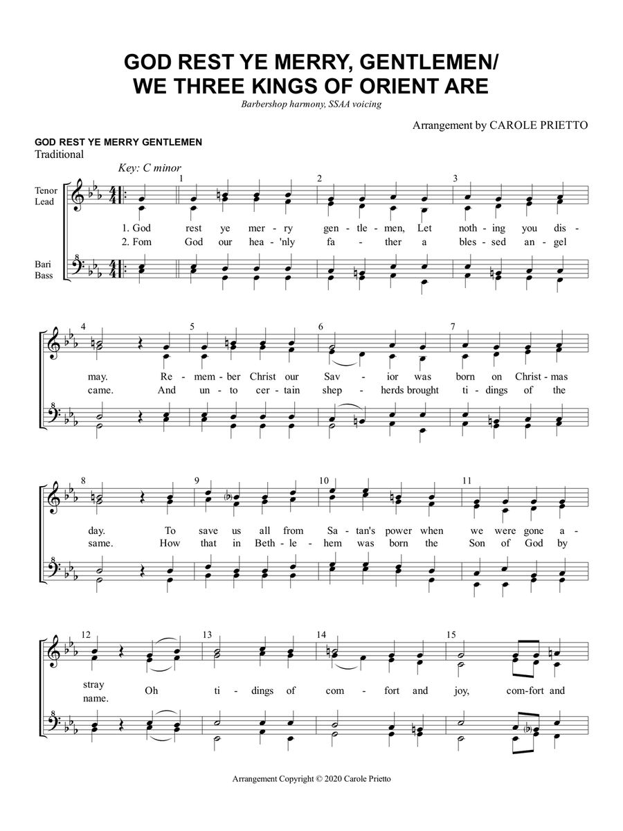 Medley: God Rest Ye Merry Gentlemen / We Three Kings of Orient Are SSAA scores gallery preview page 1