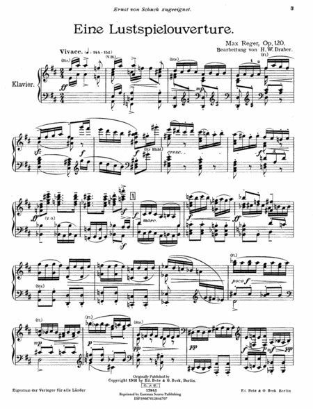 Eine Lustspielouverture [fur Orchester]. Op. 120. [Bearbeitung fur Klavier zu 2 Handen von] H. W. Draber