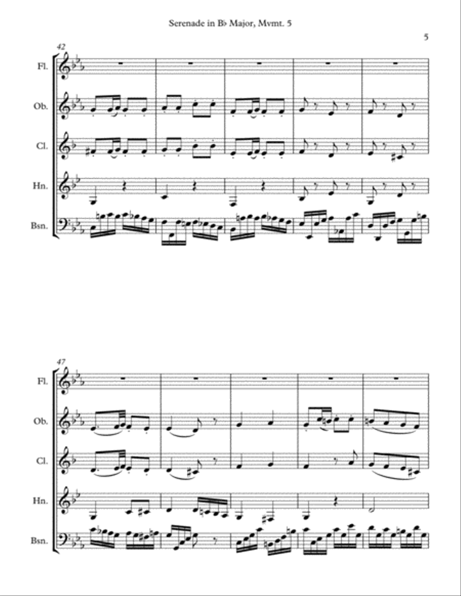 Mozart: Serenade in Bb Major, K. 361 (Gran Partita) for Wind Quintet Mvmt. 5 (Romanze) Woodwind Quintet scores gallery preview page 5