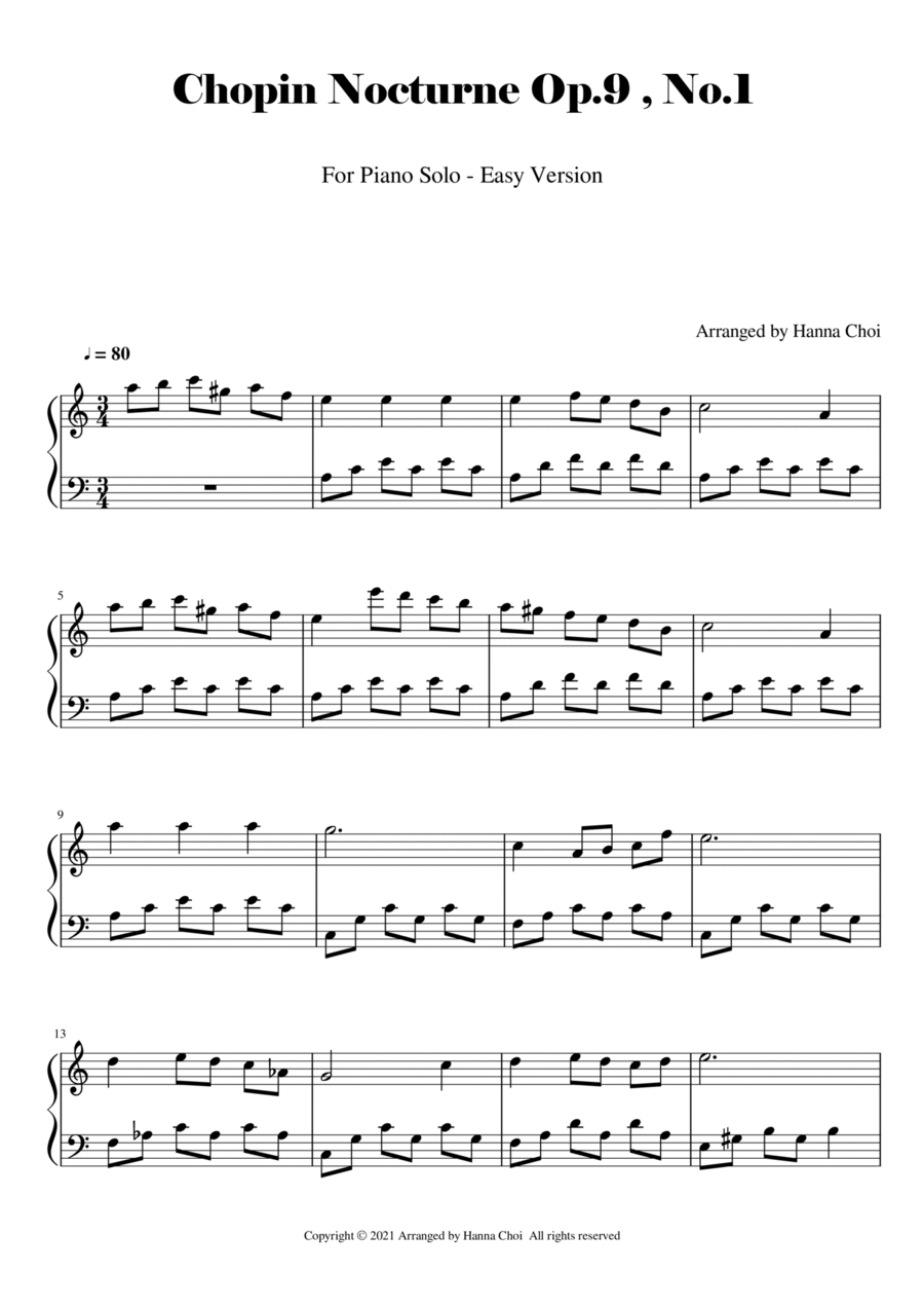 Chopin Nocturne Op.9 , No.1 [Easy Arrangement for Piano Solo] Easy Piano scores gallery preview page 1