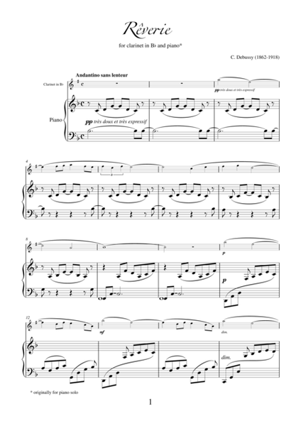 Reverie by Claude Debussy, transcription for clarinet and piano