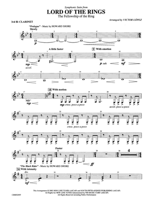 The Lord of the Rings: The Fellowship of the Ring, Symphonic Suite from: 3rd B-flat Clarinet