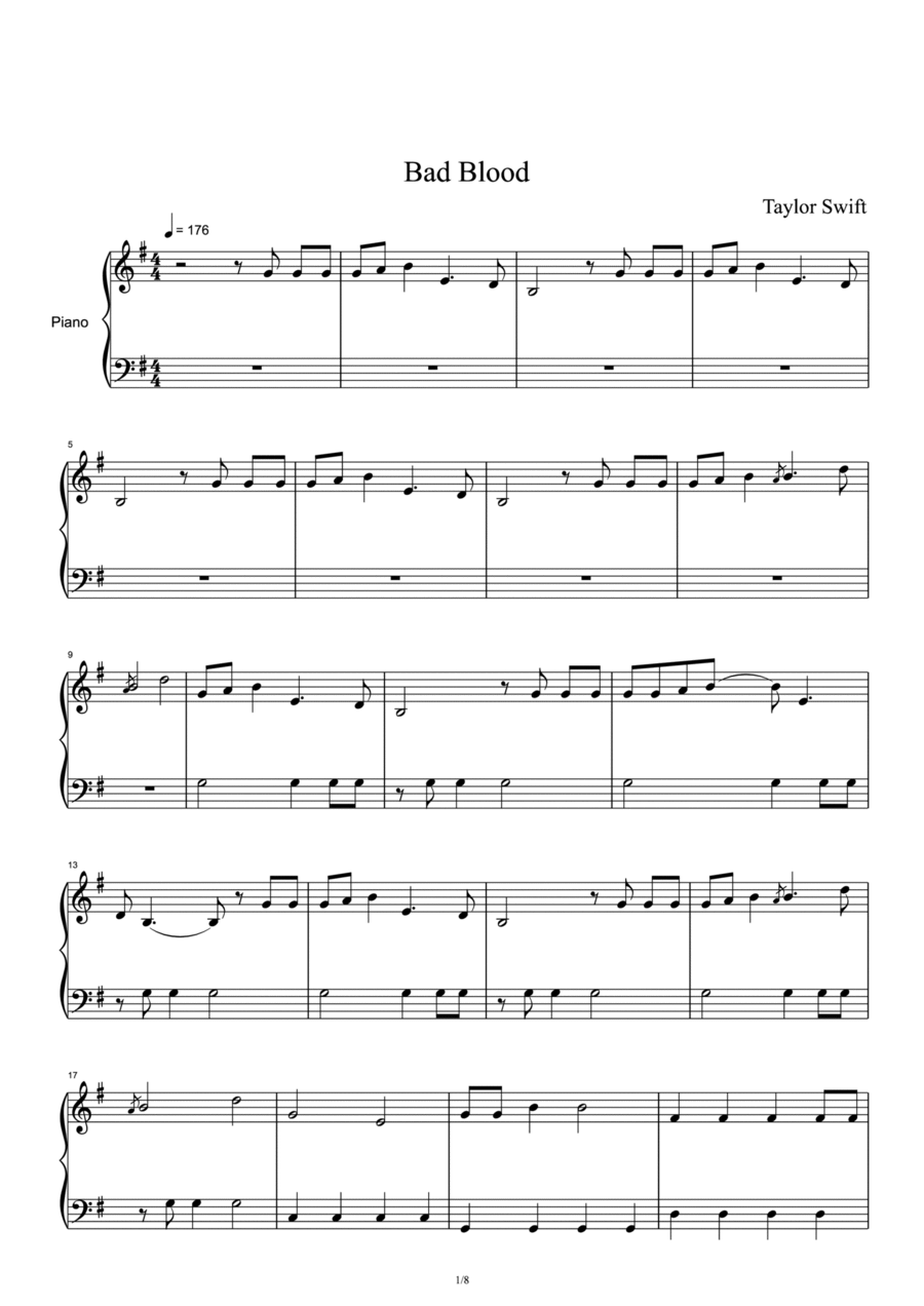 Bad Blood Piano Solo scores gallery preview page 1