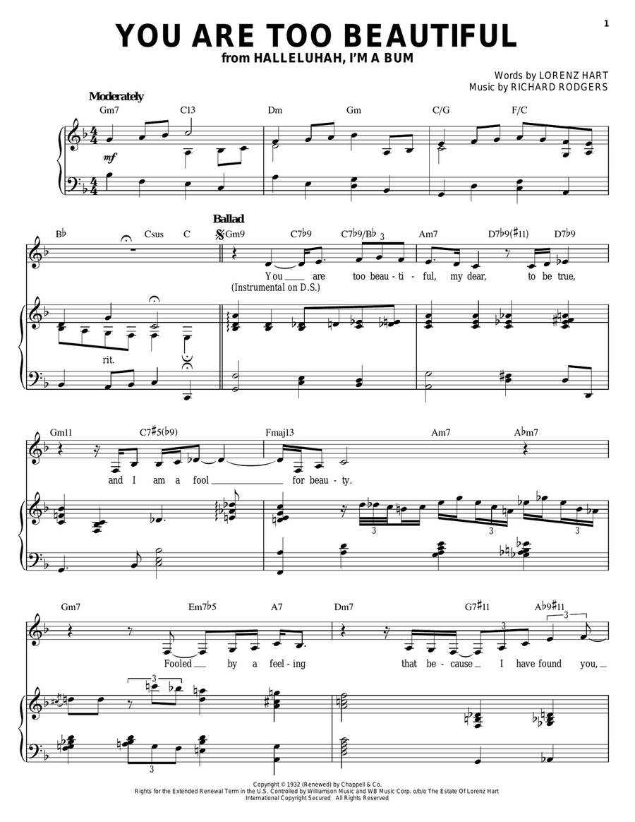 You Are Too Beautiful You Are Too Beautiful Piano, Vocal, Guitar scores gallery preview page 1