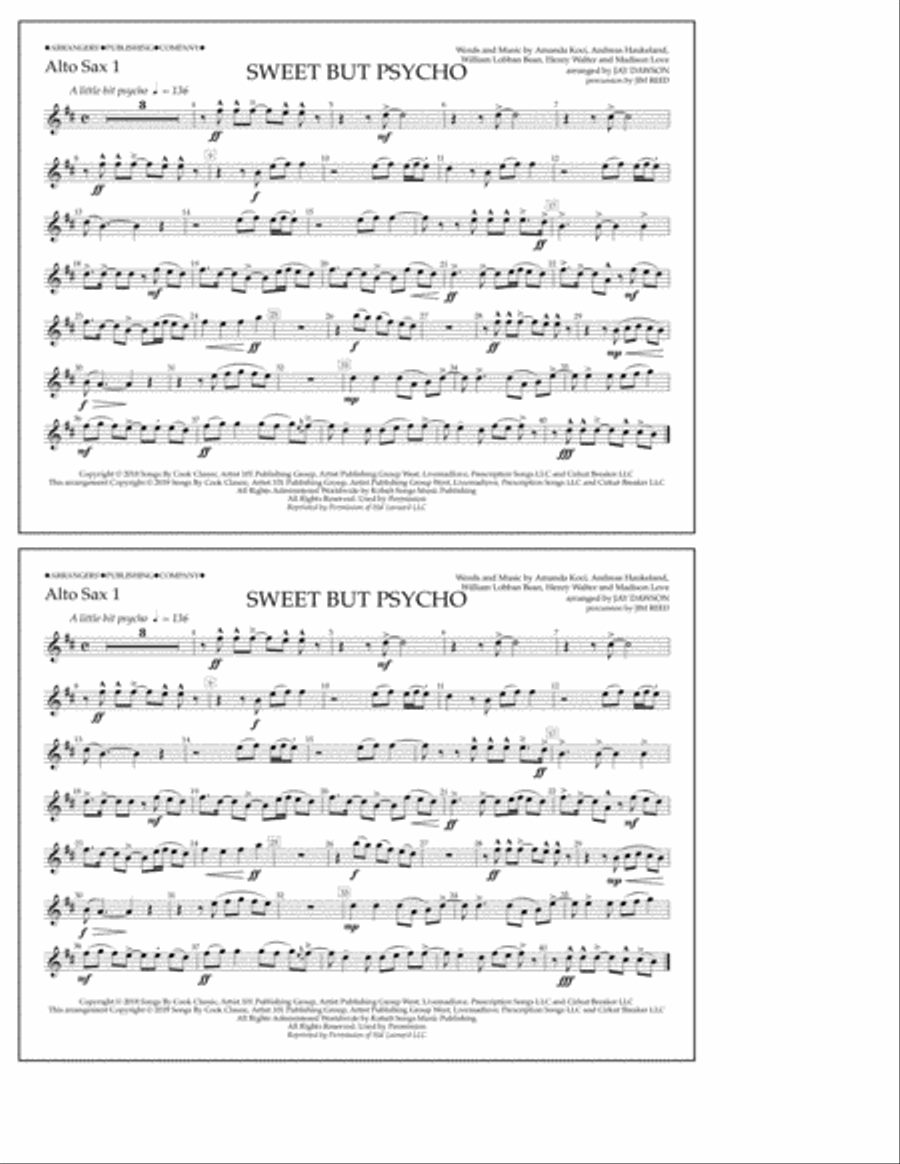 Sweet But Psycho (arr. Jay Dawson) - Alto Sax 1 Marching Band scores gallery preview page 1