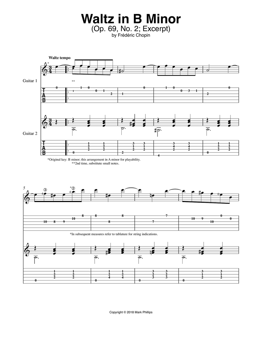 Waltz in B Minor (Op. 69, No. 2) Classical Guitar scores gallery preview page 1