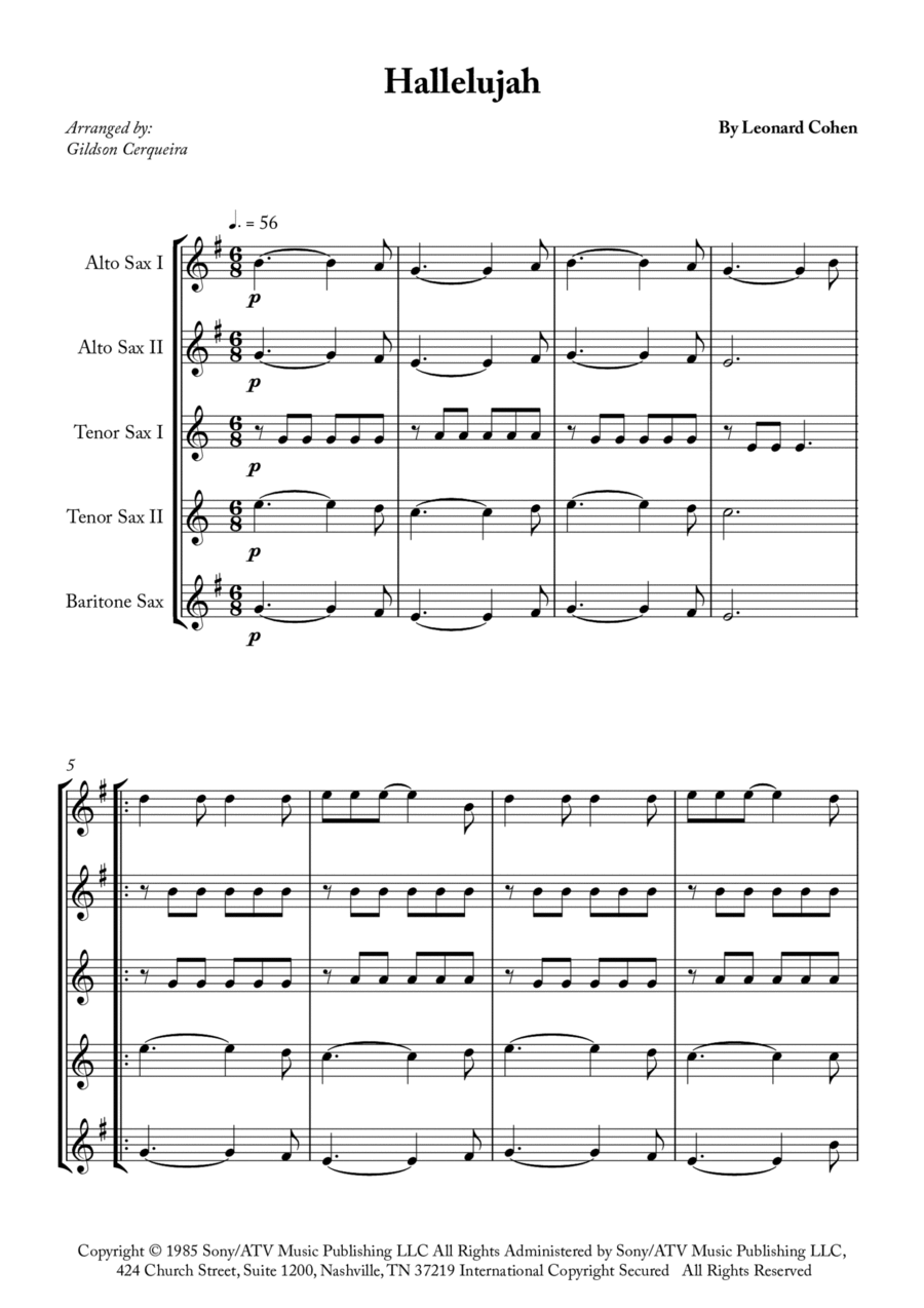 Hallelujah Saxophone Quintet scores gallery preview page 1