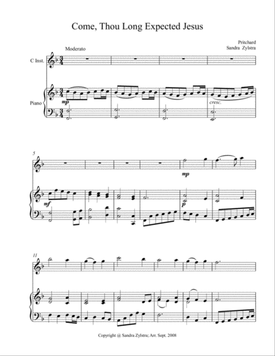 Come, Thou Long Expected Jesus (treble C instrument solo) Piccolo scores gallery preview page 2