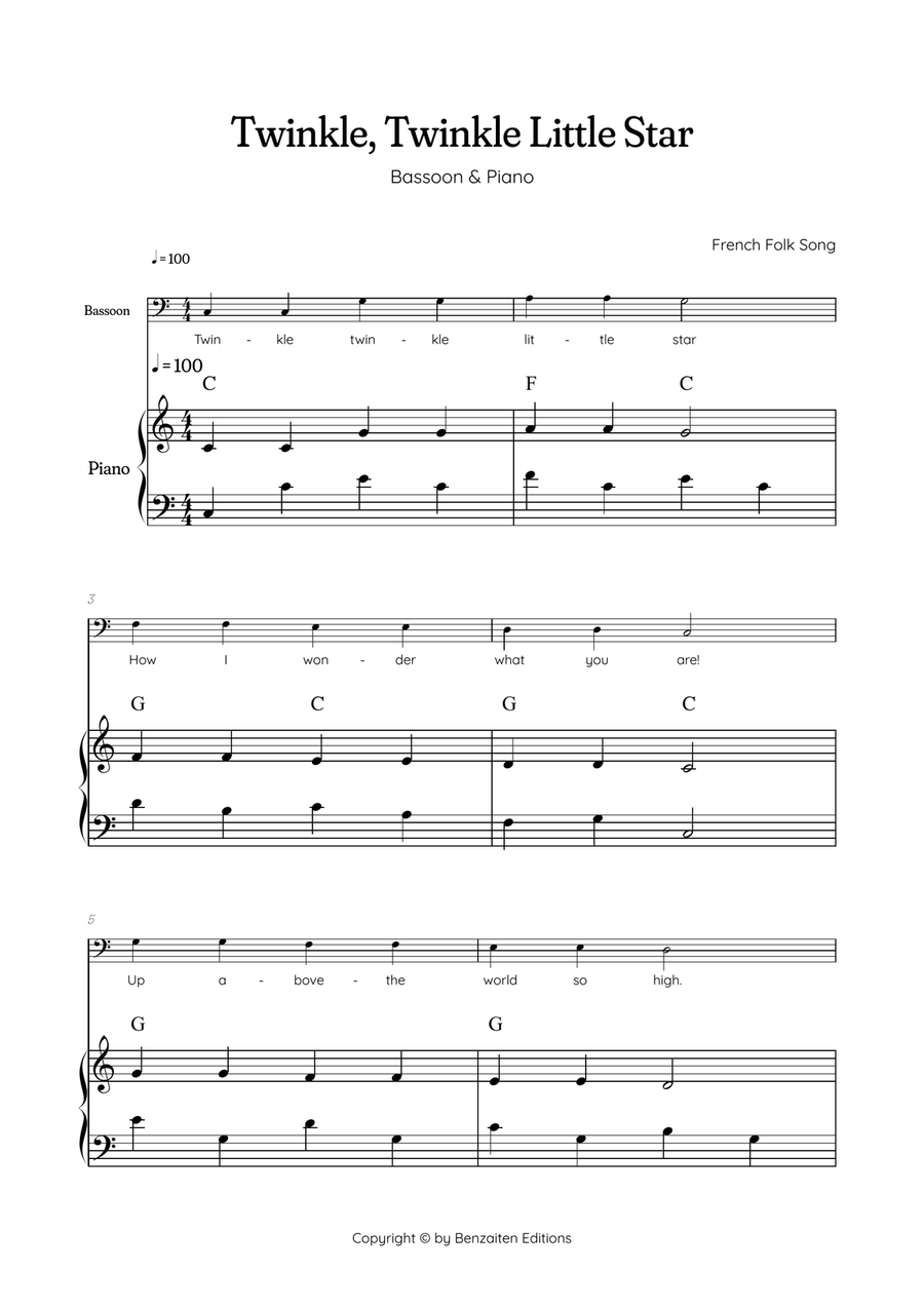 Twinkle, Twinkle Little Star • Easy bassoon sheet music with easy piano accompaniment w/ chords Bassoon scores gallery preview page 1