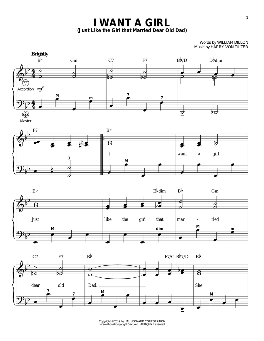 I Want A Girl (Just Like The Girl That Married Dear Old Dad) (arr. Gary Meisner) Accordion scores gallery preview page 1