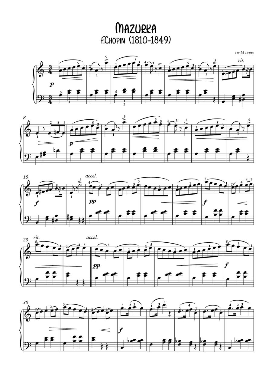 Mazurka opus 7-3 by Chopin for easy piano Easy Piano scores gallery preview page 1