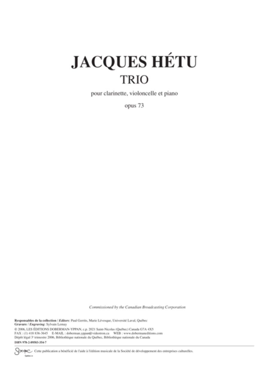 Trio pour violoncelle et piano op. 73 by Jacques Hetu