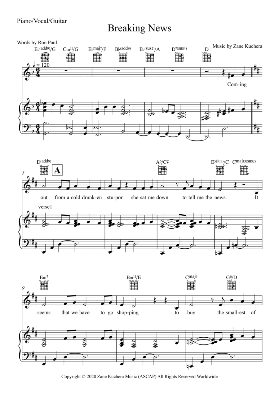 Breaking News Piano, Vocal, Guitar scores gallery preview page 1