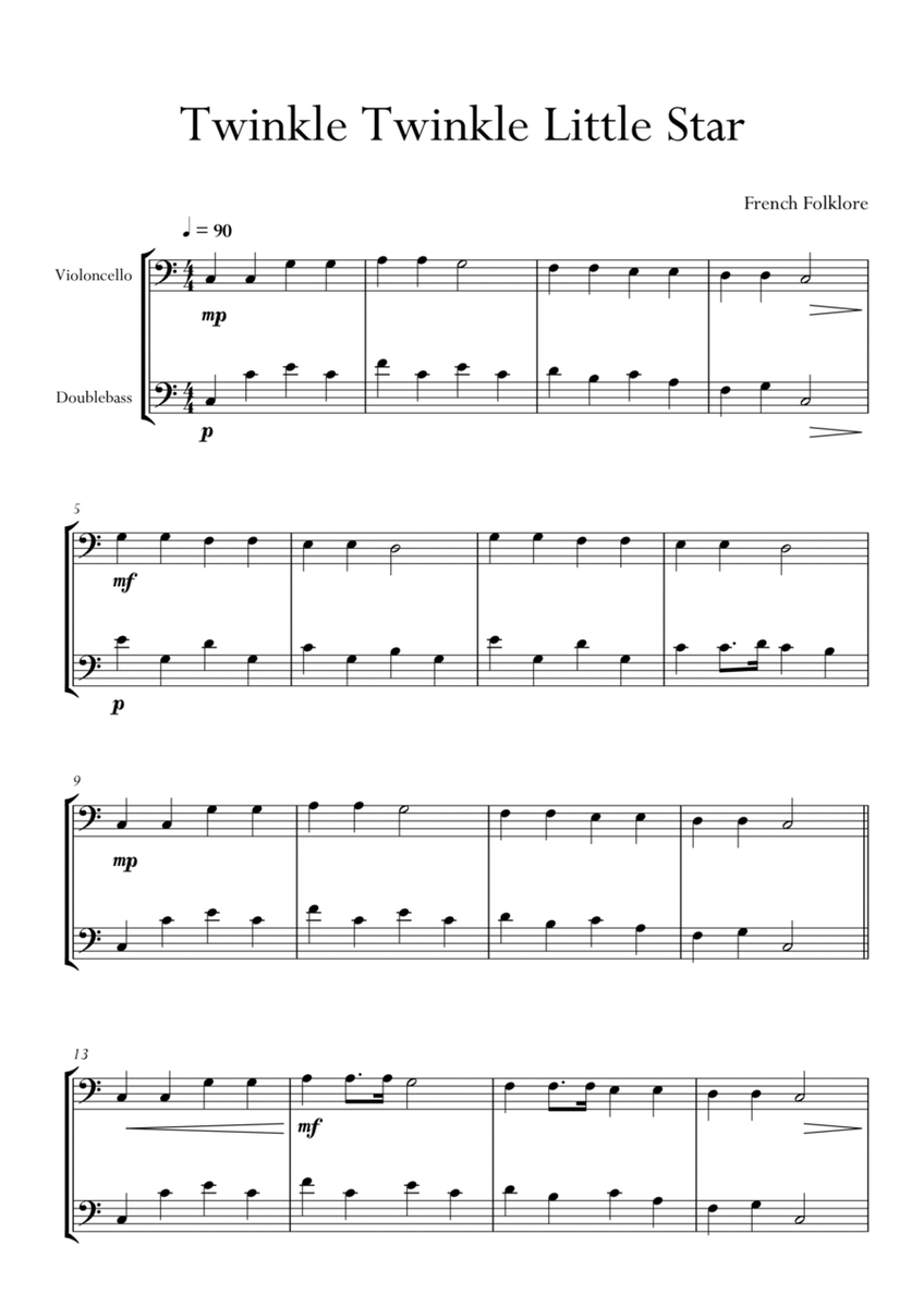 Twinkle Twinkle Little Star in C Major for Cello (Violoncello) and Double Bass Duo. Easy version. image number null