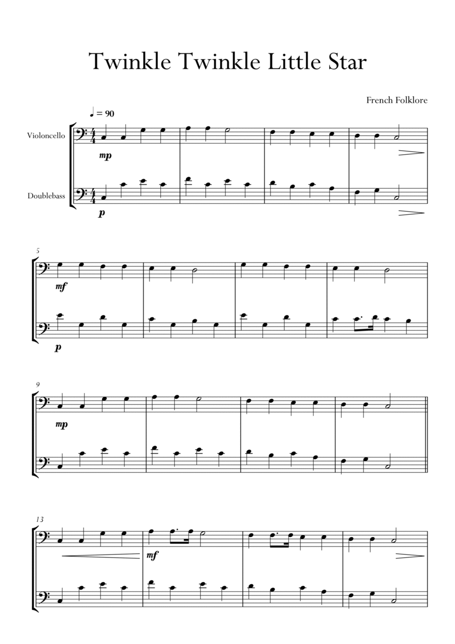 Book cover for Twinkle Twinkle Little Star in C Major for Cello (Violoncello) and Double Bass Duo. Easy version.