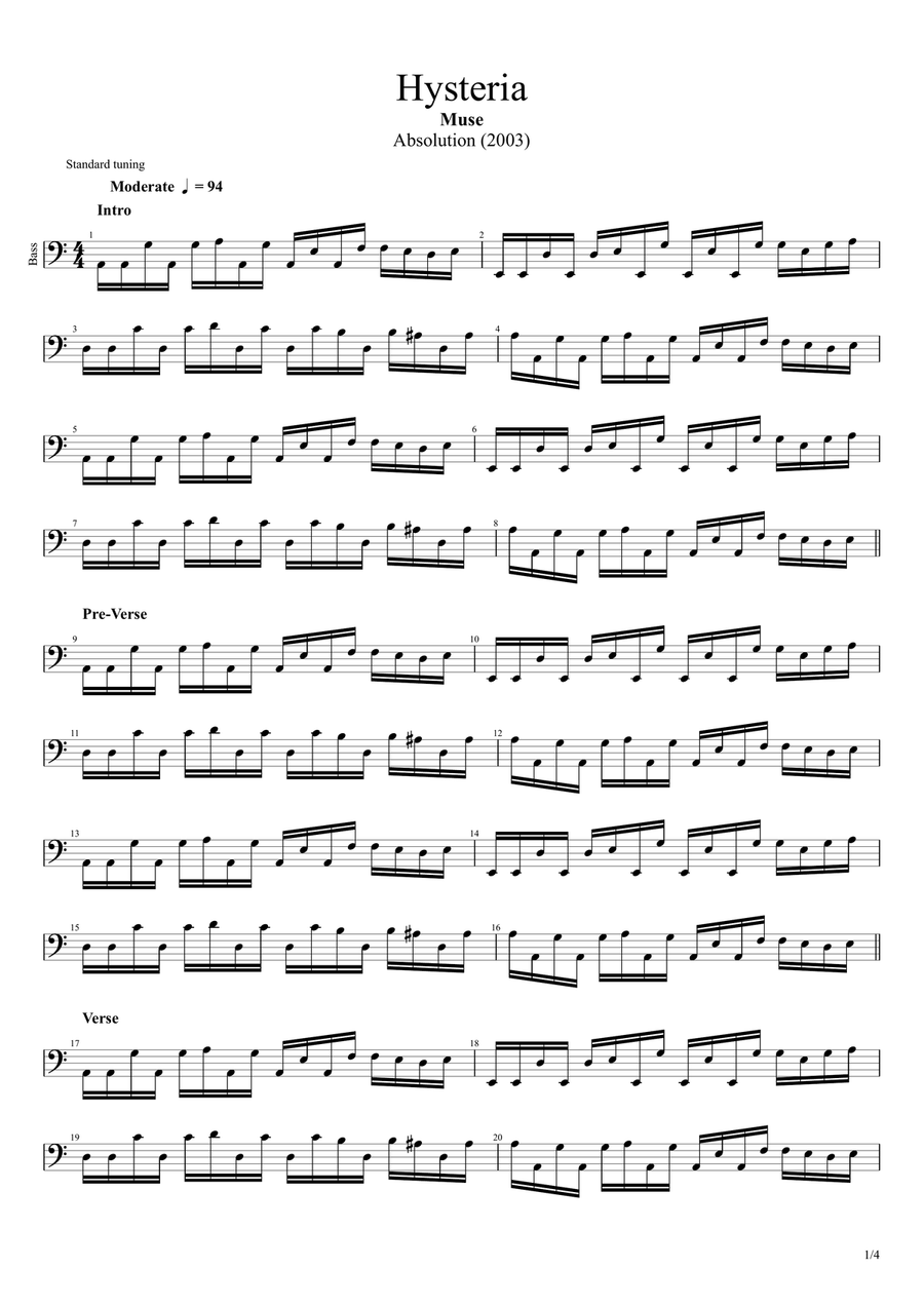 Hysteria Bass Guitar Tablature scores gallery preview page 1