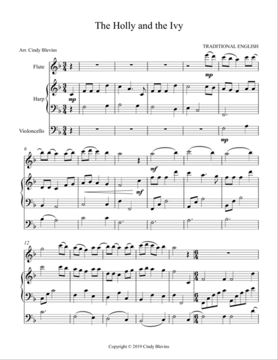 The Holly and the Ivy, for Harp, Flute and Cello Flute scores gallery preview page 2