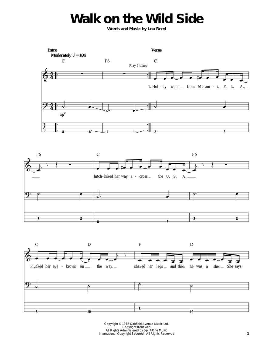 Walk On The Wild Side Walk On The Wild Side Bass Guitar Tablature scores gallery preview page 1