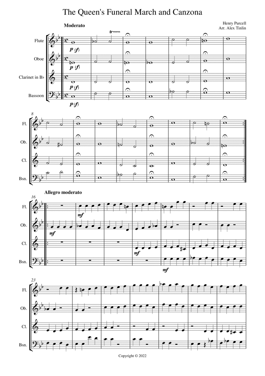 The Queen's Funeral March and Canzona Woodwind Quartet scores gallery preview page 1