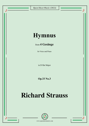 Book cover for Richard Strauss-Hymnus,in D flat Major,Op.33 No.3,for Voice and Piano