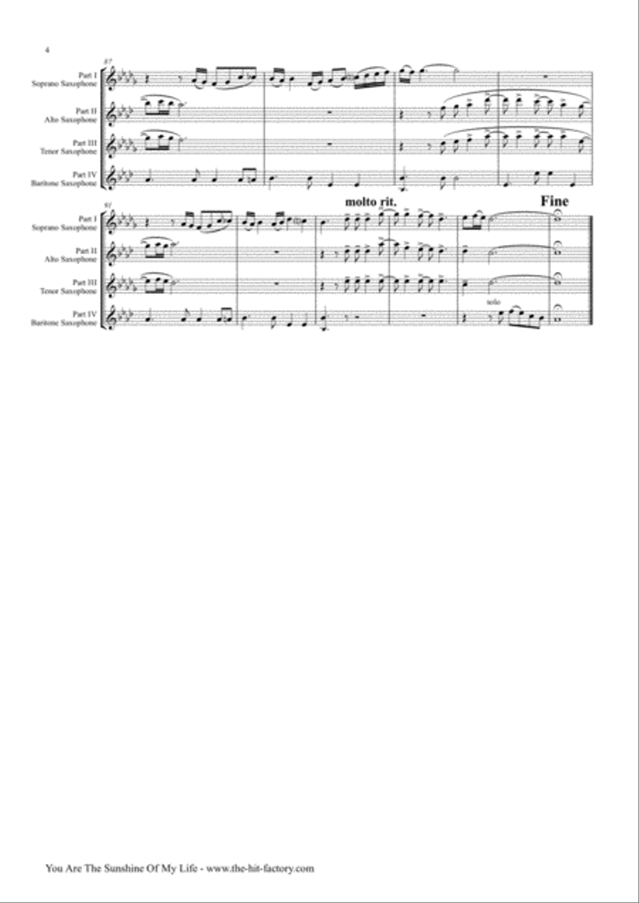 You Are The Sunshine Of My Life Saxophone Quartet scores gallery preview page 5