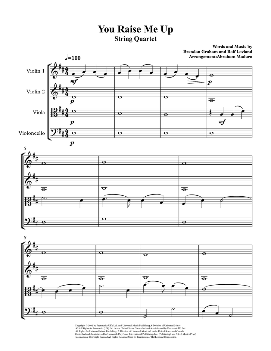 You Raise Me Up String Quartet scores gallery preview page 1