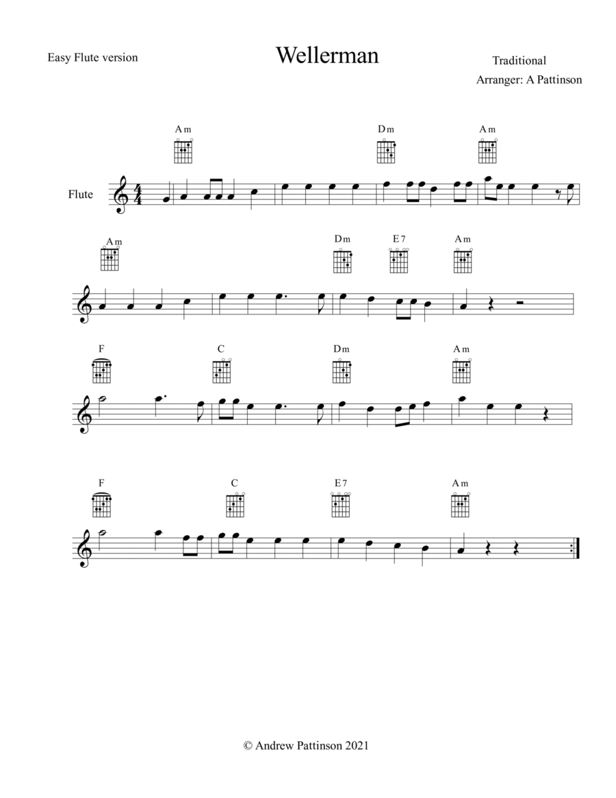 Wellerman Easy Flute in A minor Wellerman Easy Flute in A minor Flute Solo scores gallery preview page 1