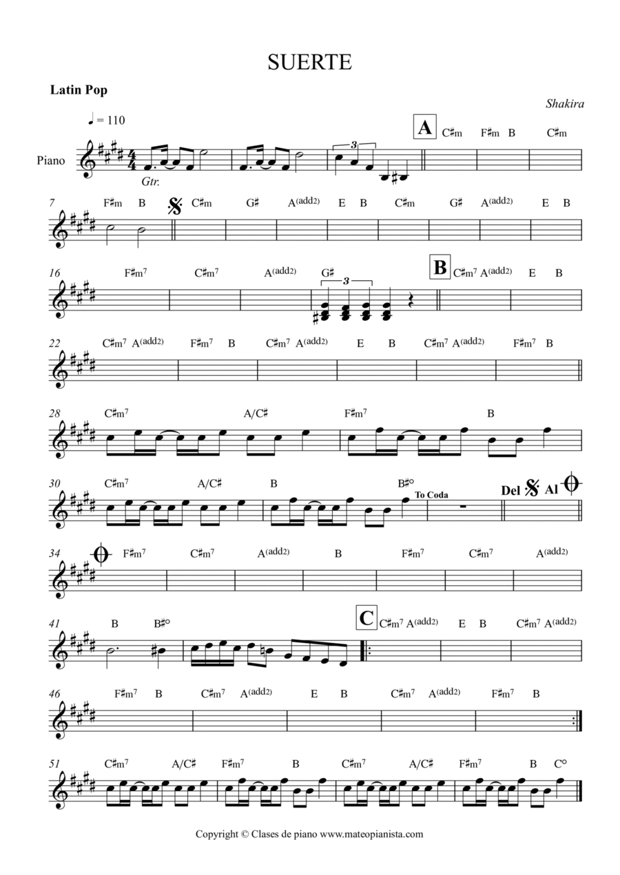 Suerte (whenever, Wherever) Easy Piano scores gallery preview page 1