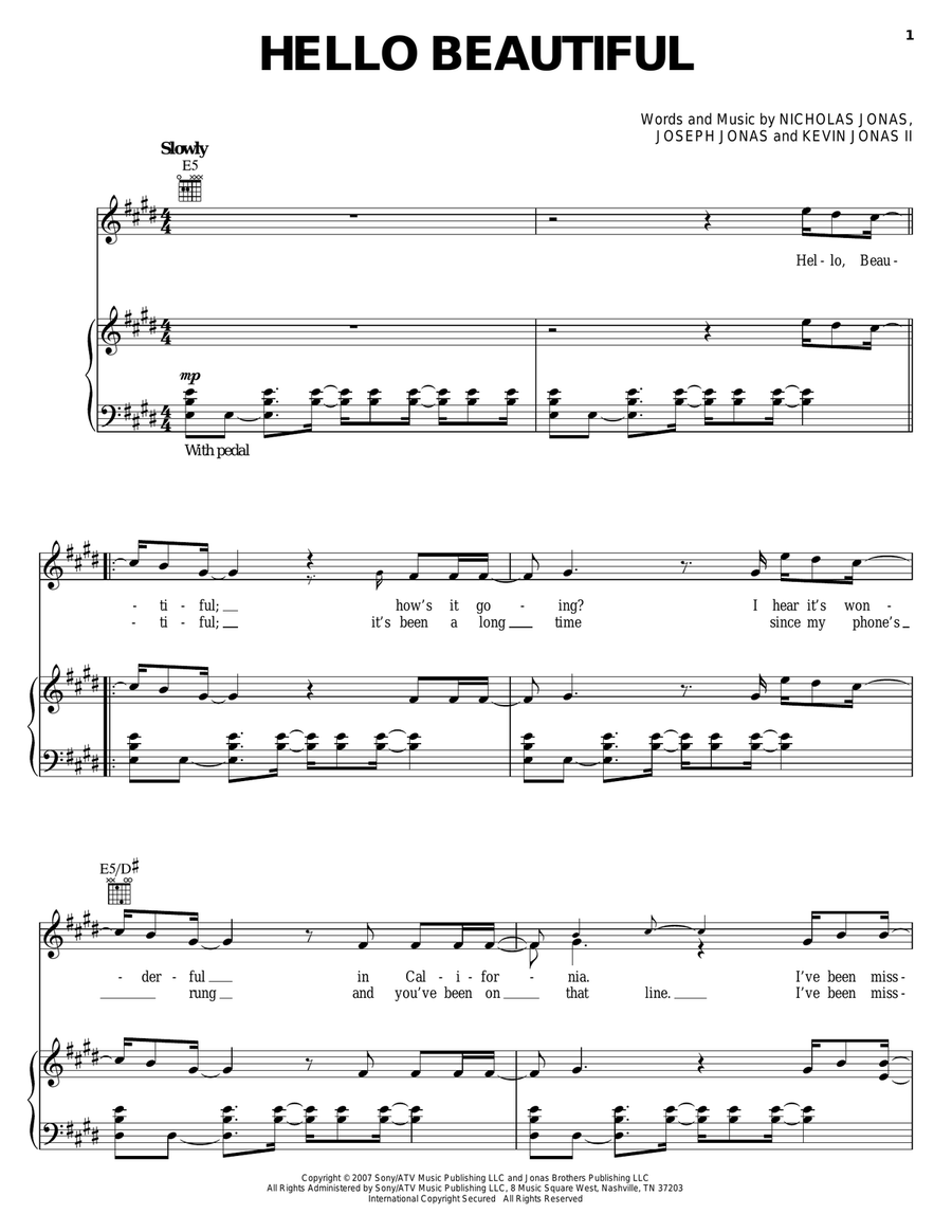Hello Beautiful Hello Beautiful Piano, Vocal, Guitar scores gallery preview page 1