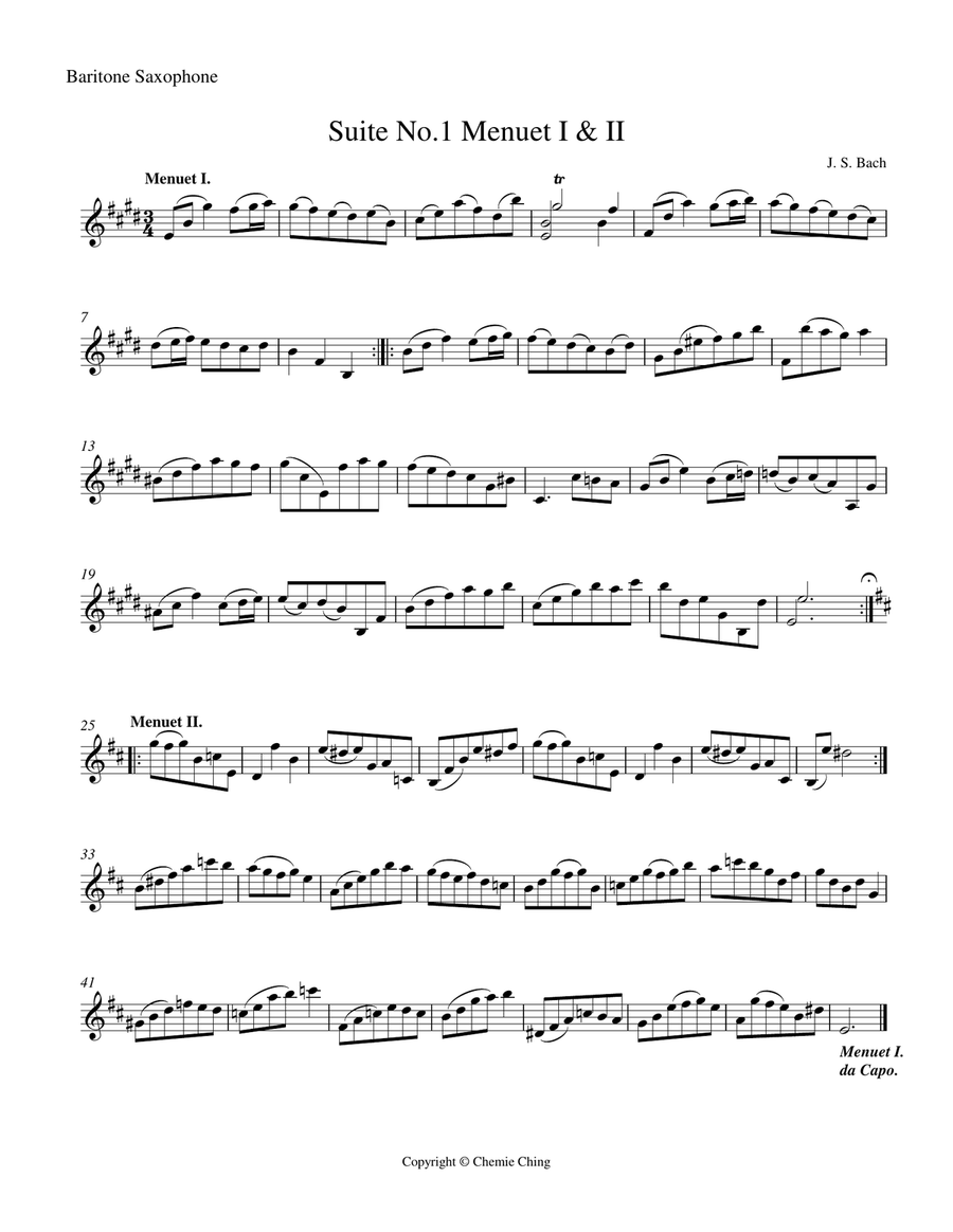 J.S. Bach - Cello Suite No.1 in G major, BWV 1007 - V & VI. Menuett I II arranged for Baritone Saxop Baritone Saxophone scores gallery preview page 1