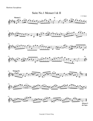 Book cover for J.S. Bach - Cello Suite No.1 in G major, BWV 1007 - V & VI. Menuett I II arranged for Baritone Saxop