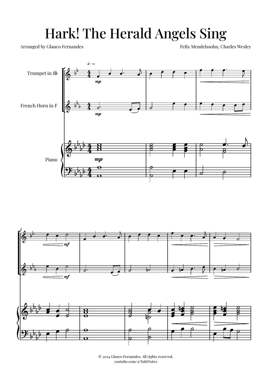 Hark! The Herald Angels Sing Duet Arrangement | Christmas Carol Sheet Music Brass Duet scores gallery preview page 1